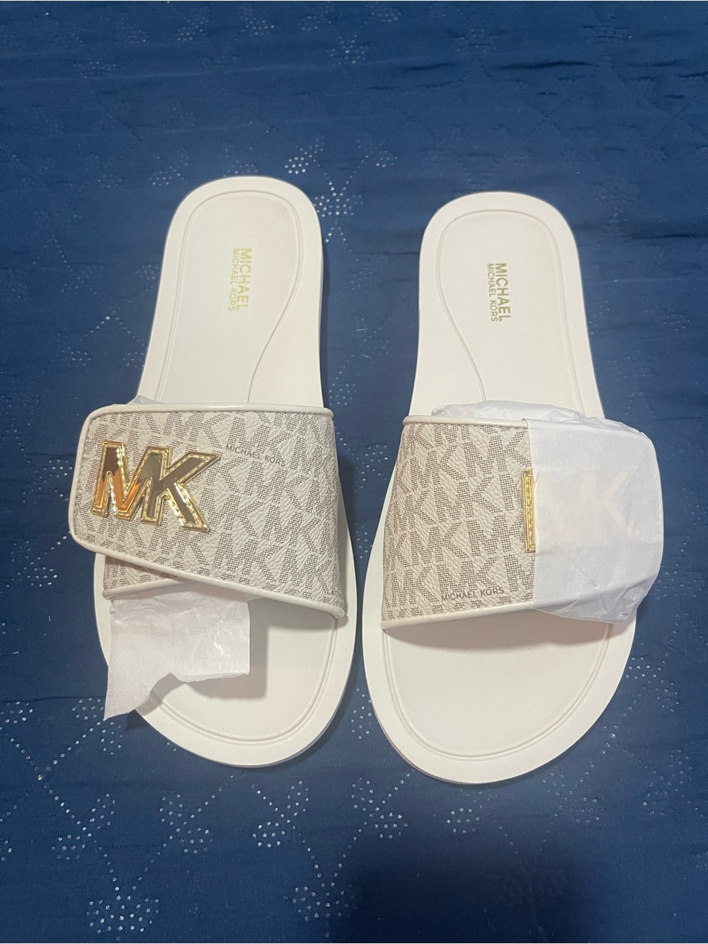 Michael Kors White and Beige MK Monogram Slide Sandals